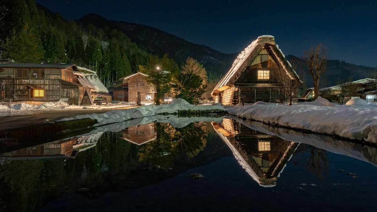 Thatched houses reflected in a pond after dark