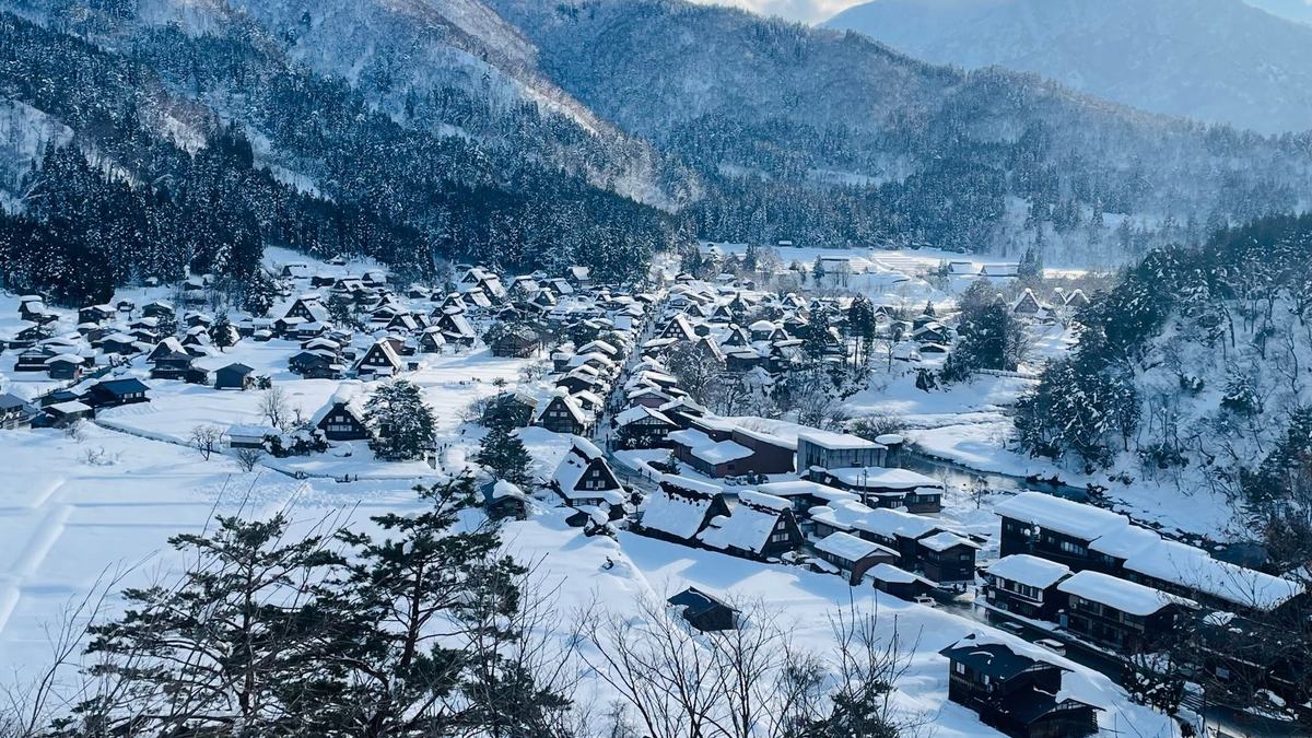 Shirakawa-go village under snow, seen from above