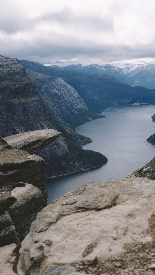 The Trolltunga rock ledge above a lake in Norway