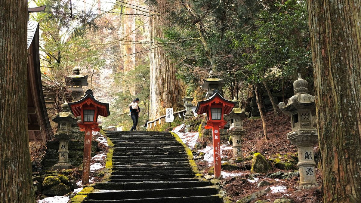 Stone lanterns along the steps at Yamadera